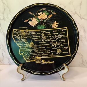 Vintage Montana Souvenir Metal Tray Plate With Map 11” Round Black & Gold